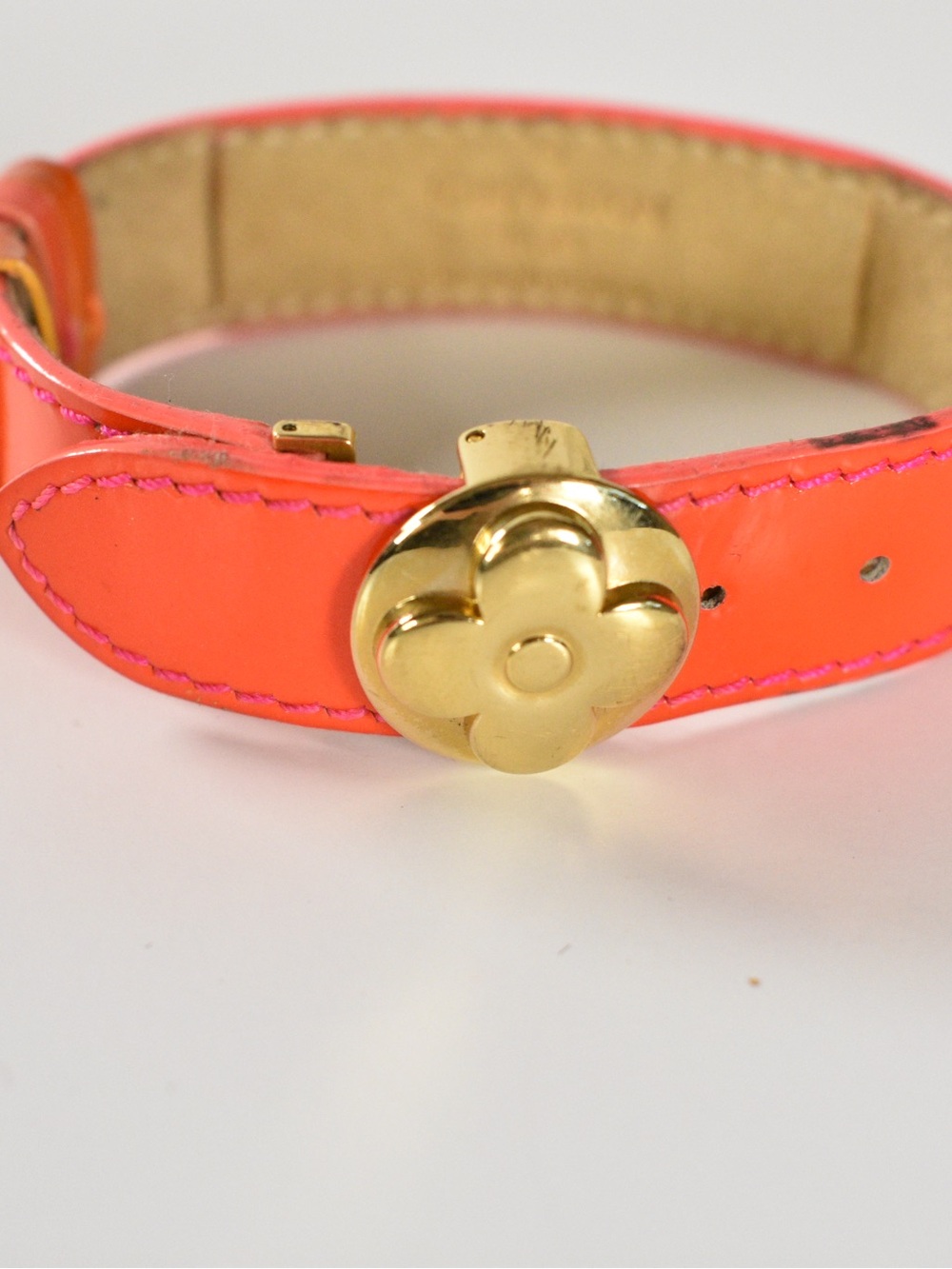 Authentic Louis Vuitton Flower Clasp Neon Orange Leather Bracelet -
